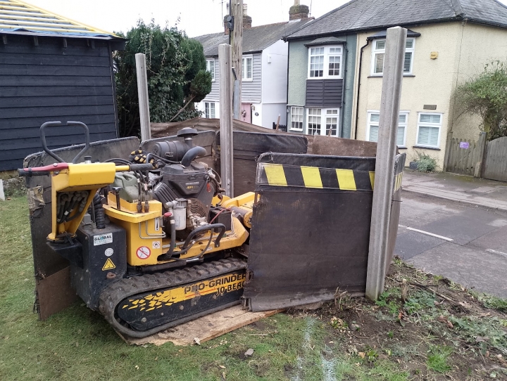 Stump Grinding, Hay Street, Hertfordshire. Tricky little job on a high bank next to a surprisingly busy road.