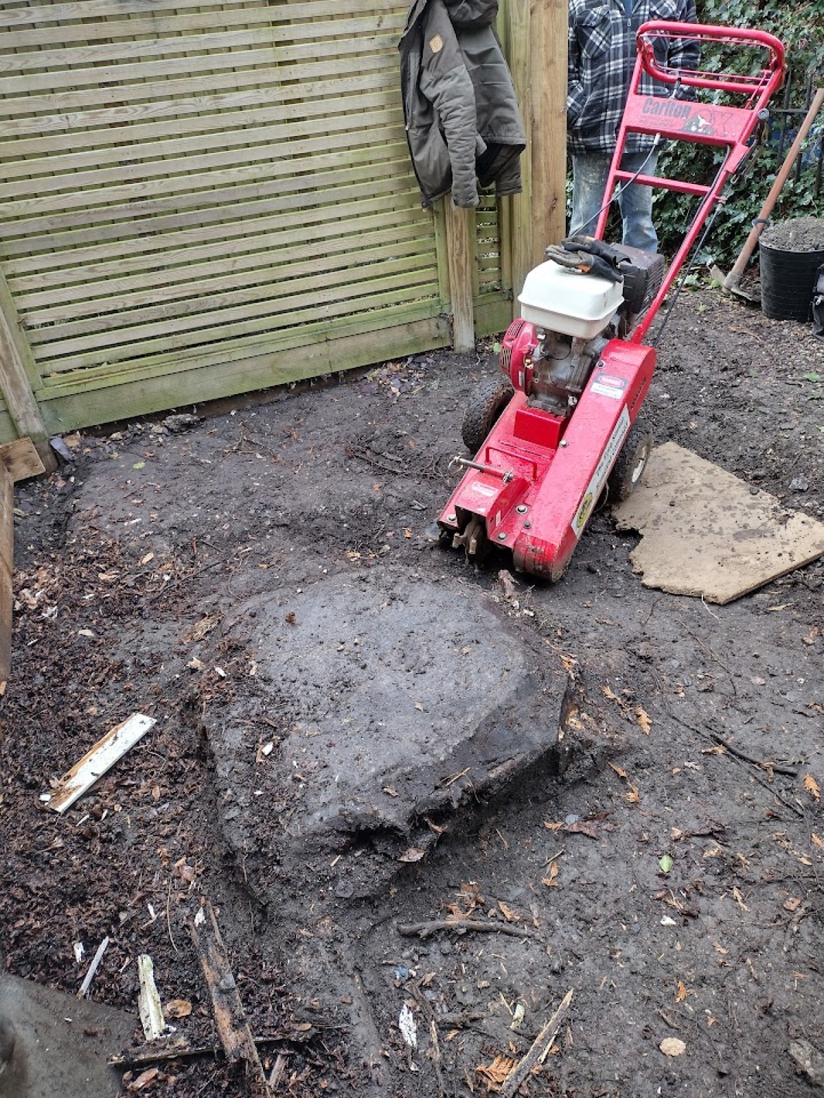 Big stump - Little machine :-) Narrow access job - customer delighted :-)